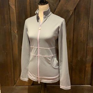 Triple flip grey and purple full zip sweater